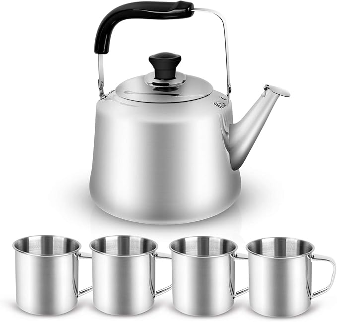 Odoland 4L Camping Kettle Set with 4 Cups, Durable Stainless Steel Camp Tea Coffee Water Pot with 4 Mugs for Hiking, Backpacking, Outdoor Camping and Picnic, Carrying Bag Included