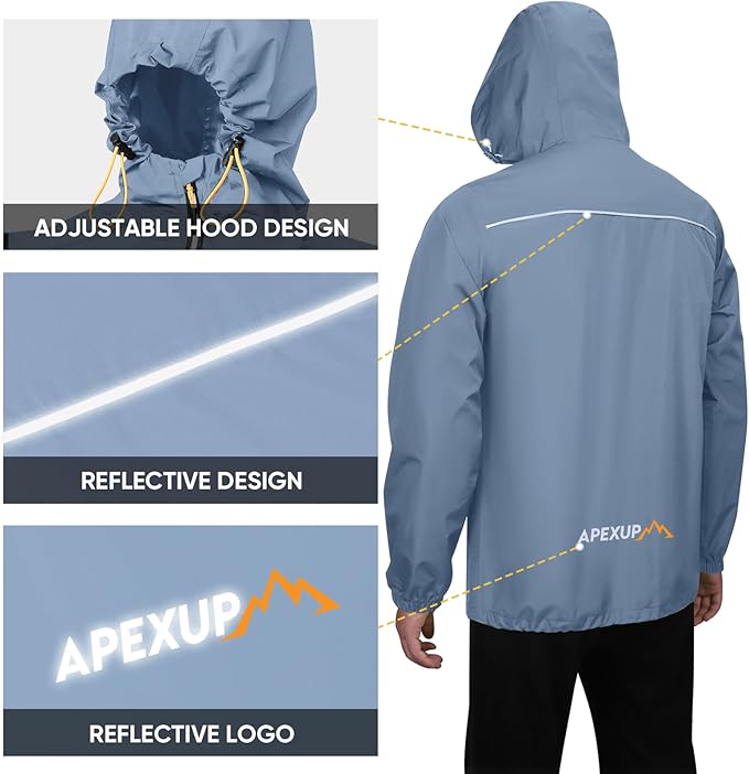 APEXUP Packable Rain Jacket Men with Reflective Zipper, Lightweight Waterproof Raincoat, Mens Rain Jacket for Outdoor Sports