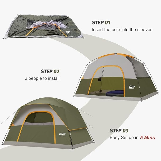CAMPROS CP Tents for Camping 6 Person Tent Waterproof Windproof Double Layer Family Camping Tent, Easy Setup Dome Tent with Large Mesh Windows & Wider Door for Outdoor Camping & Hiking