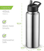 SipX™ Triple-Insulated Stainless Steel Water Bottle 40oz. With 3 Lids, BPA-Free Reusable Insulated Water Bottle Keeps Cold 24 Hours, Metal Water Bottle Made Of Sustainable Material For Hiking & Biking