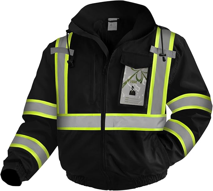 High Visibility Work Jackets, Safety Jacket with Pockets for Men& Women, Construction Coats for Cold Weather, Waterproof High Vis Rain Gear, Class 3, Black with Bottom, 5XL