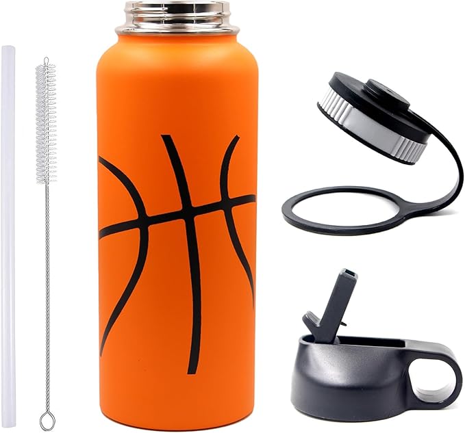 40 oz Basketball Water Bottle, Sports Flask Metal Thermal Travel Mug with 2 Lids, Stainless Steel Double Wall Vacuum Insulated Leak Proof Water Jug, Basketball Accessories Stuff Gifts for Boys Girls