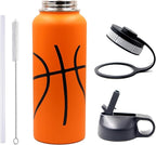 40 oz Basketball Water Bottle, Sports Flask Metal Thermal Travel Mug with 2 Lids, Stainless Steel Double Wall Vacuum Insulated Leak Proof Water Jug, Basketball Accessories Stuff Gifts for Boys Girls