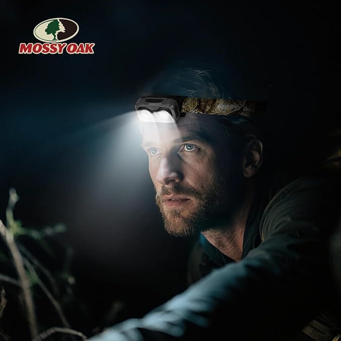 Mossy Oak 600 Lumens Rechargeable Headlamp, Lightweight LED Headlight with White & Red Light, Waterproof Head Lamp with Non-Slip Band, Dimmable & Memory Function for Camping, Running, Hiking, Outdoors