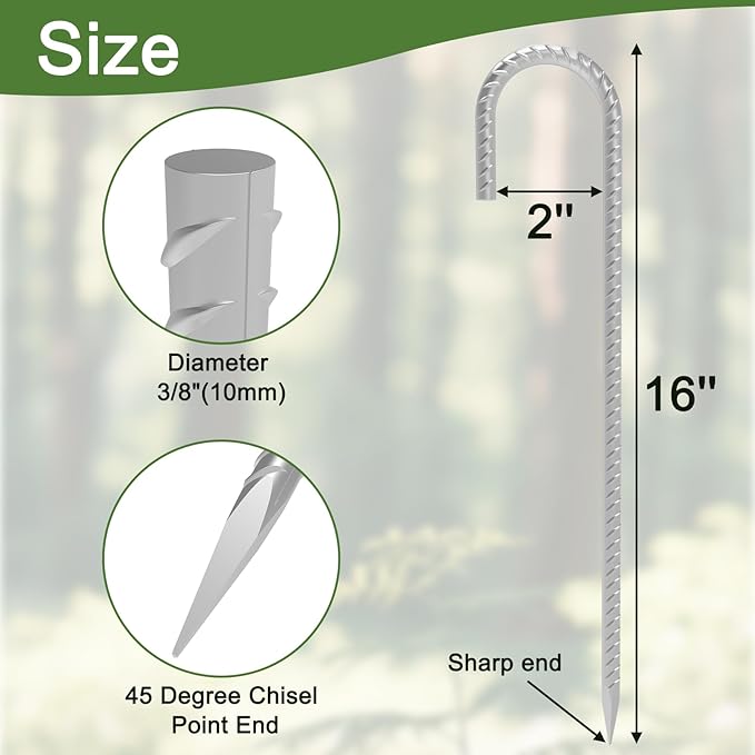 Rebar Stakes 16 inch, 3/8" Diameter Heavy Duty J Hook Stakes 8 Pack, Galvanized Anti-Rust Ground Anchor Long Tent Stakes for Dog Fence Trompoline Swing Set