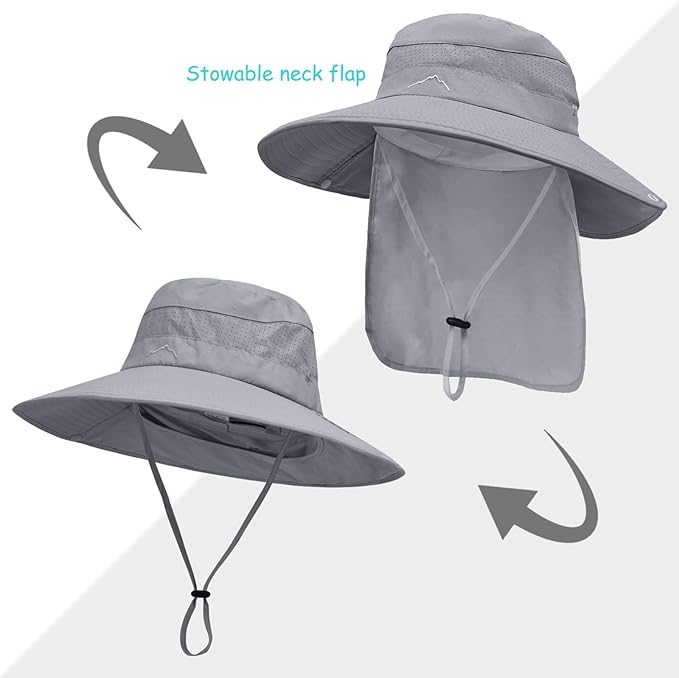 Sun Hats for Men Women, UPF50+ Protection Safari Hat,Wide Brim Fishing Hat with Neck Flap,Bucket Hats for Beach Hiking