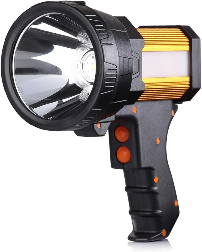 BUYSIGHT Rechargeable Spotlight, 1000 high Lumen Handheld Flashlight, Large Flashlight Lightweight and Super Bright Searchlight (Gold Aluminium_Alloy)