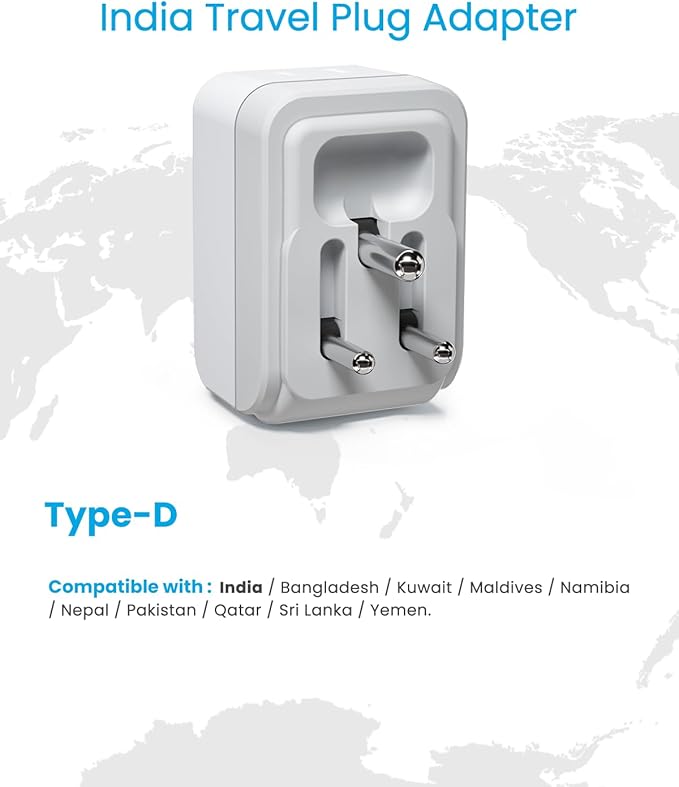 2 Pack US to India Plug Adapter, VINTAR Foldable India Power Adapter with 2 Outlets and 3 USB Ports(2 USB C), 5 in 1 Type D Plug Adapter for US to India Bangladesh Maldives Pakistan Sri Lanka