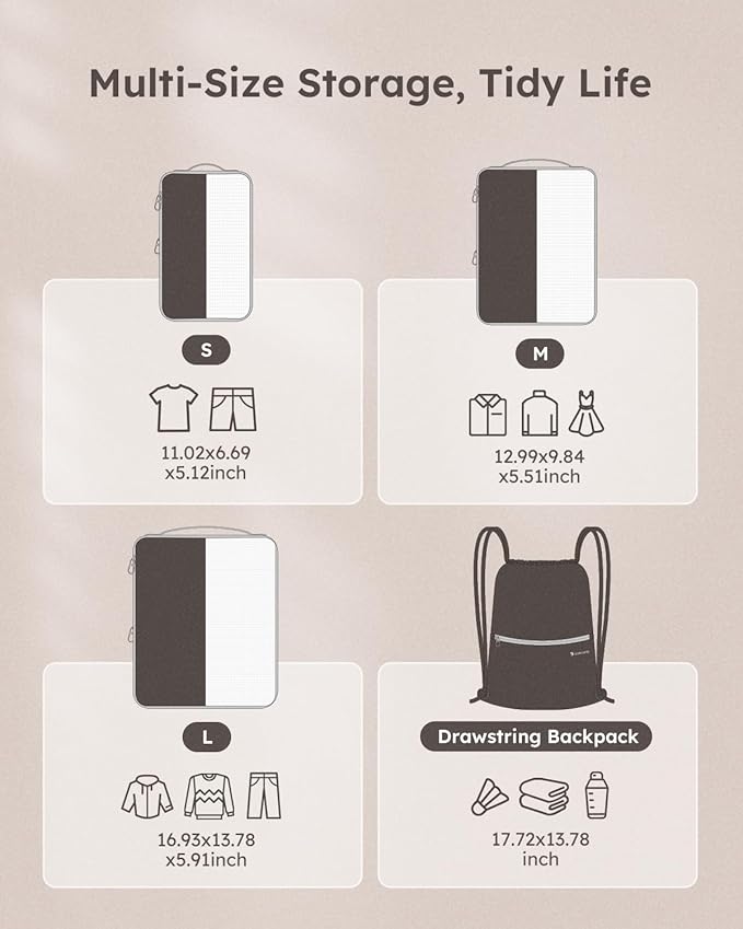 4 Set Compression Packing Cubes for Travel, Bonus Versatile Drawstring Backpack, Lightweight Luggage Organizer Bags, Sturdy Travel Accessories for Suitcase, Black