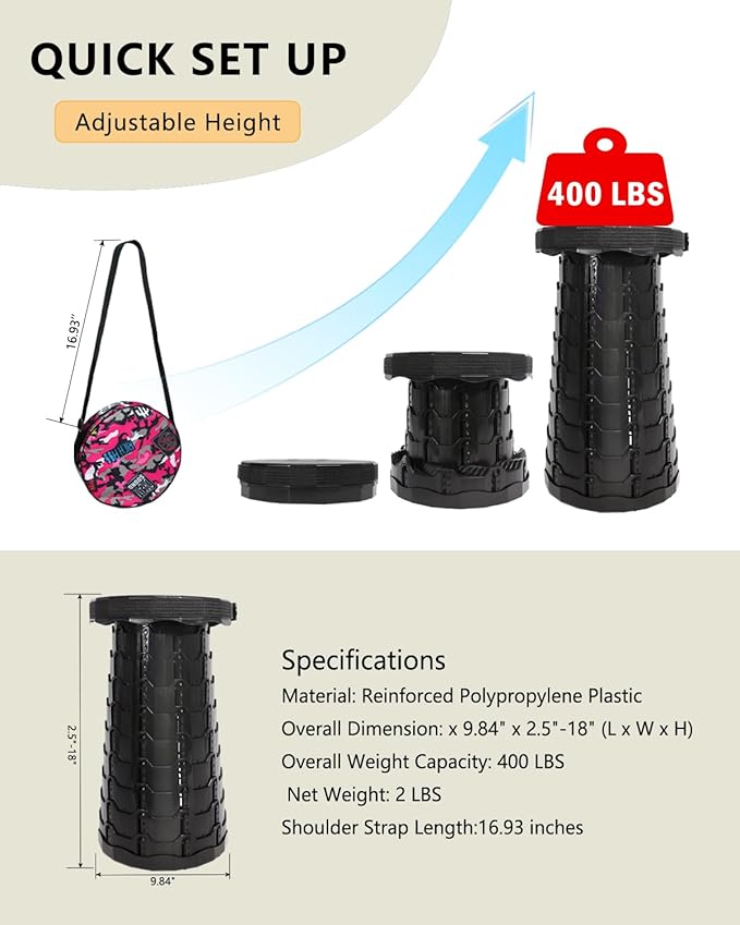 Upgraded Foldable Thickened Collapsible Stool, Portable Folding Seat, Adjustable Height Retractable, Suitable for Fishing, Hiking, Camping, BBQ, Party, Outdoor (Black)