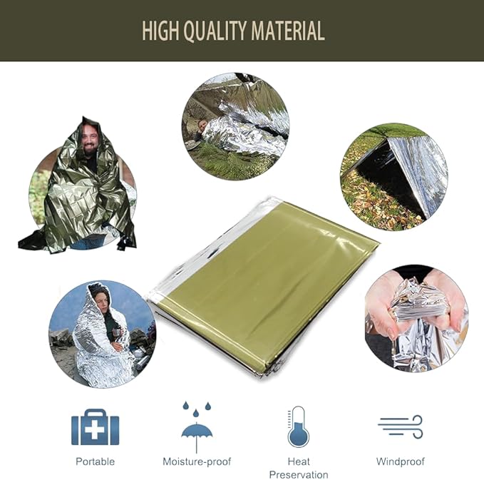 Emergency Blanket ，Portable Emergency Blanket Survival Gear Emergency Bivvy Thermal Sleeping Bag Camping ，Be Suitable for Outdoors, Hiking, Survival (Army Green, 4 Pack)