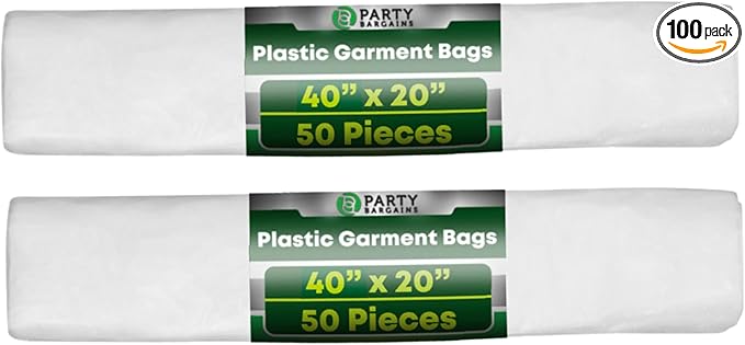 PARTY BARGAINS 40 x 20 Inch Disposable Clear Garment Bags, 100 Pack – Heavy-Duty Plastic Clothes Covers for Suits Dresses Coats, Closet & Travel
