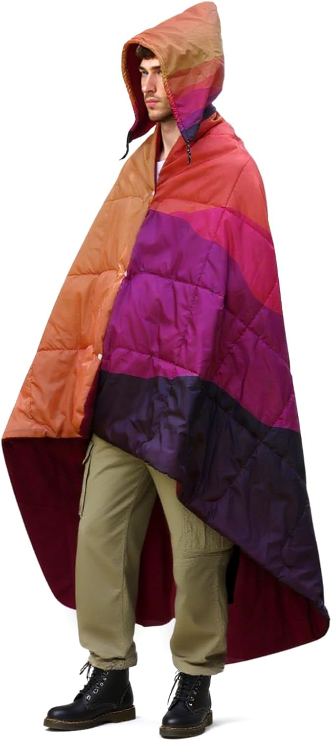 zzlamb Hooded Outdoor Blanket,Waterproof Camping Blanket Polar Fleece,Windproof Portable Warm for Stadium,Sports,Picnic,Beach,Car,Pets,56x75in Fiery Ridge Fade