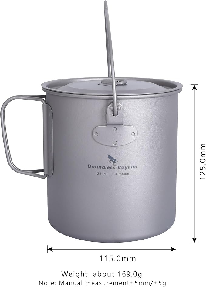 iBasingo 1250ml Titanium Hanging Mug with Lid Tea Coffee Water Cup Outdoor Camping Pot Ultra-light Portable Hiking Backpacking Cooking Kit Picnic Tableware Drinkware with Foldable Handle Ti3042D