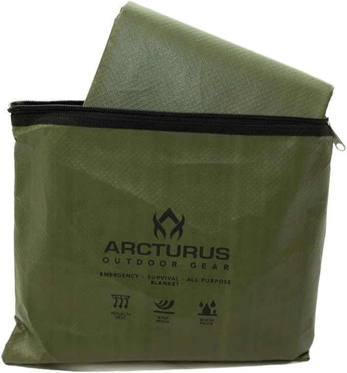 Arcturus Insulated Tarp, Reusable Heavy Duty Thermal Survival Blanket – 60x82in, Reflects 90% Body Heat, Waterproof, Windproof, 3-Layer Design, Reinforced Grommets, Olive Green