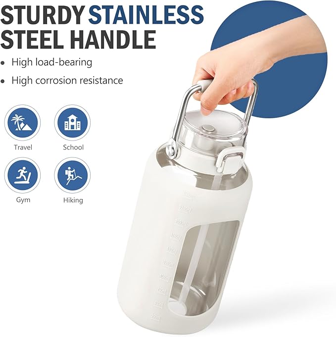BLUEGO 84oz Water Bottle Glass with Stainless Steel Handle Large 2.5l Water Bottle with Time Markers and Silicone Sleeve Half Gallon Water Jug BPA Free for Gym Daily Use, White