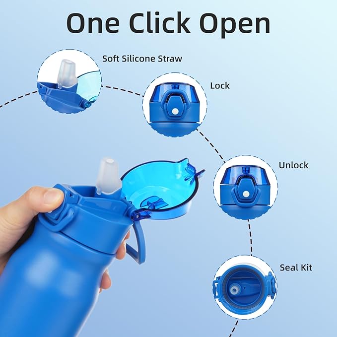BJPKPK 25oz Insulated Water Bottle With Straw Stainless Steel Double Wall Water Bottles BPA Free Leak Proof Thermo With Lockable Flip Lid And Soft Silicone Spout,Blue