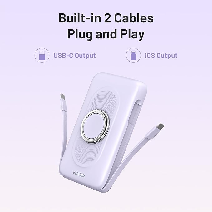 BLAVOR for Magsafe Portable Charger with Built-in Cables, PD 20W Fast Charging,10000mAh Magnetic Wireless Power Bank, Battery Pack with Stand for iPhone 15/14/13/12,Powerbank for Apple Watch(Purple)