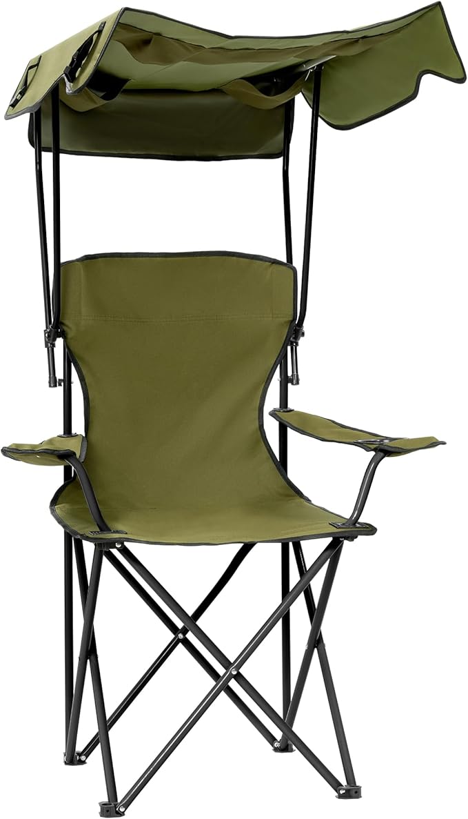 Folding Camping Chair with Canopy, Portable Outdoor Beach Chair for Fishing, BBQ, Picnic, Backyard, Lightweight Sun Shade Chair with Cup Holder, Army Green