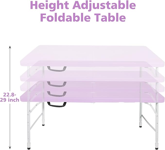 4 FT Folding Table with Carry Handle, Portable Fold-in-Half Plastic Table, Rectangle Foldable Table for Indoor/Outdoor Purple