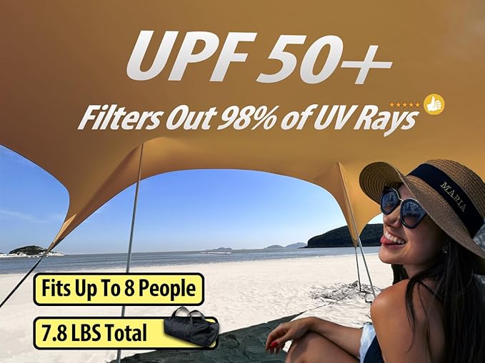 10×10ft UPF50+ Beach Tent Sun Shelter, Windproof Stable Outdoor Pop Up Beach Shade Canopy for Camping, Fishing, Backyard Fun or Picnics, 2 Poles