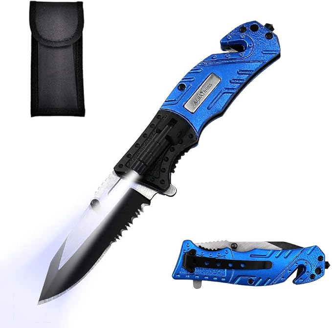 5-in-1 Dispatcher Tactical Knife with Glass Breaker, Seatbelt Cutter,Steel Serrated Blade,Flashlight and Carrying bag, Good for Military Emergency Outdoor Rescue (blue)