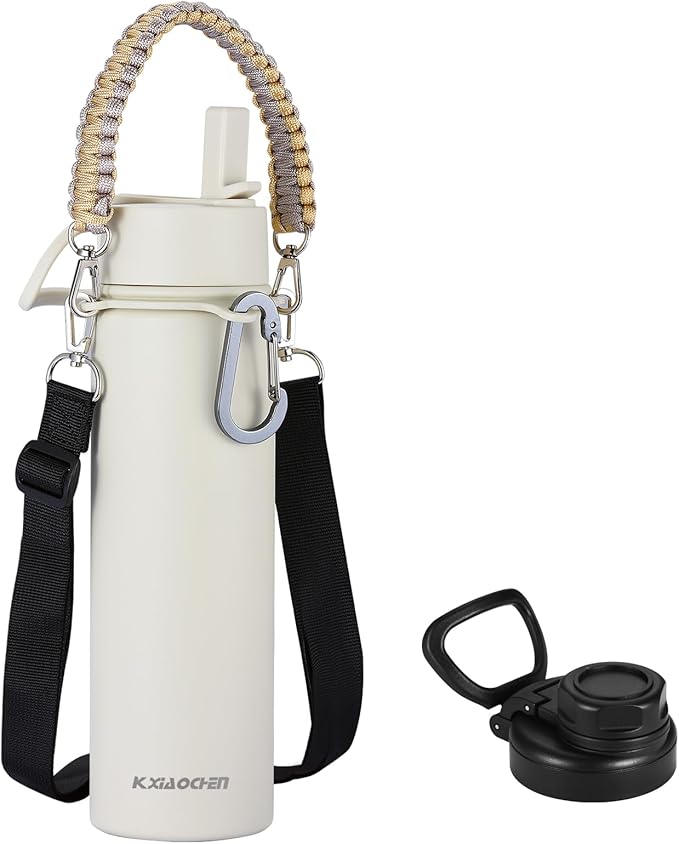 KXIAOCHEN Insulated Water Bottle, Stainless Steel Water Bottle, 2 Lids (Straw and Handle Lid),Wide Mouth Metal Water Bottles Keep Hot and Cold, Double Walled, Thermo Mug, Metal Canteen