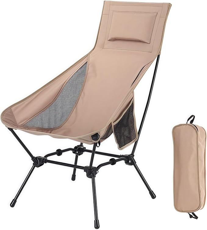 High Back Reclining Camping Chair - Oversized Folding Chair with Head Support, Widened Seat for Outdoor, Beach, Camp, Festivals (Khaki)