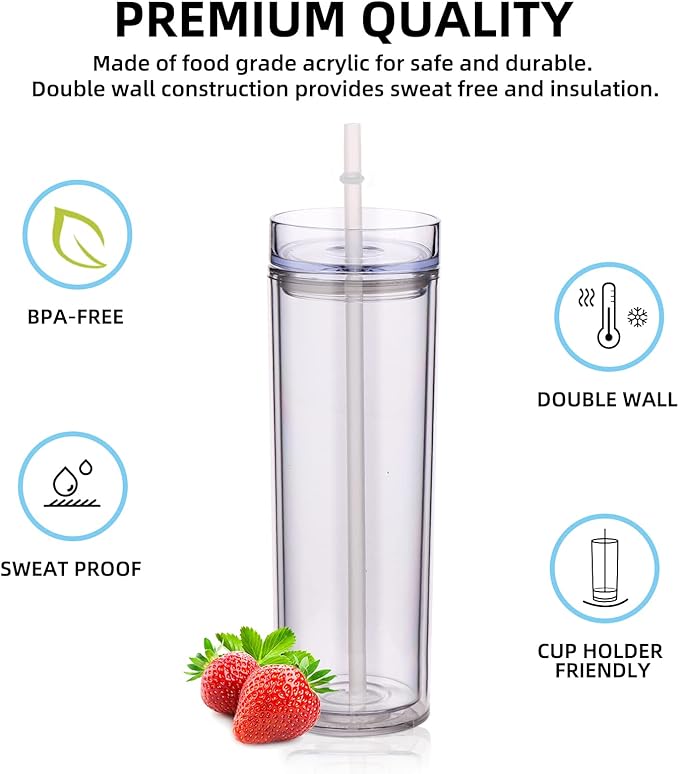 Volhoply 20oz Tumbler with Lid and Straw 8 Pack,Double Wall Plastic Skinny Tumblers Bulk,Reusable Travel Cute Coffee Mug,BPA Free Matte Acrylic Water Cups With Straw for Party,DIY Gifts(Clear,8 Set)