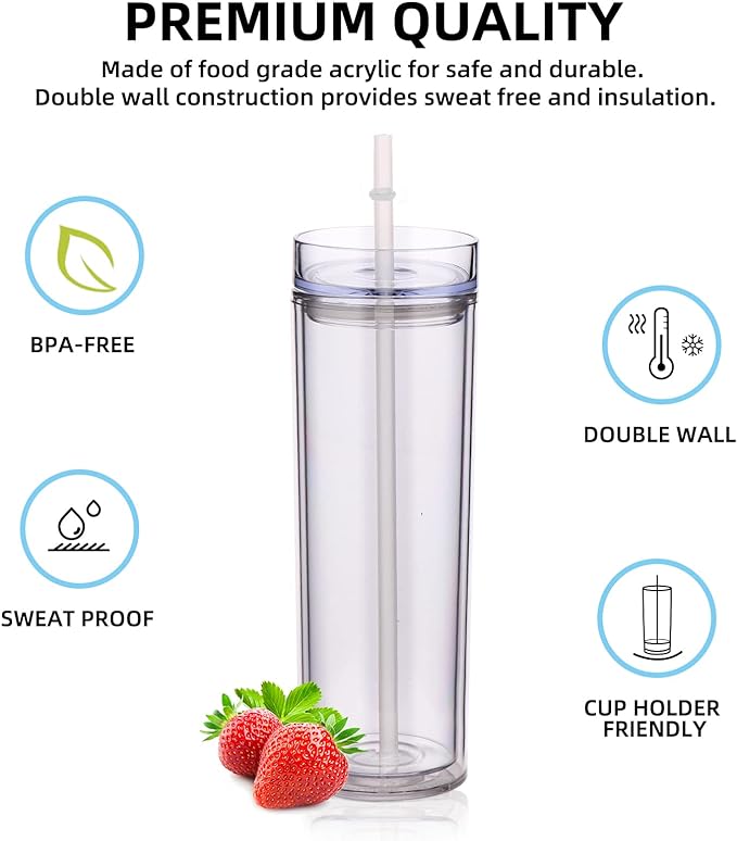 Volhoply 20oz Plastic Skinny Tumblers Bulk 10 Pack,Double Wall Tumbler with Lid and Straw,BPA Free Matte Acrylic Iced Coffee Cups with Straw,Reusable Travel Cute Mug for Party,DIY Gift(Clear,10 Set)