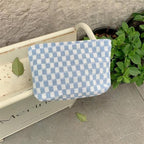 PAZIMIIK Knit Checkered Makeup Bag Large Zipper Make Up Accessory Pouch for Purse Cosmetic Brush Bag for Travel Essential,Blue