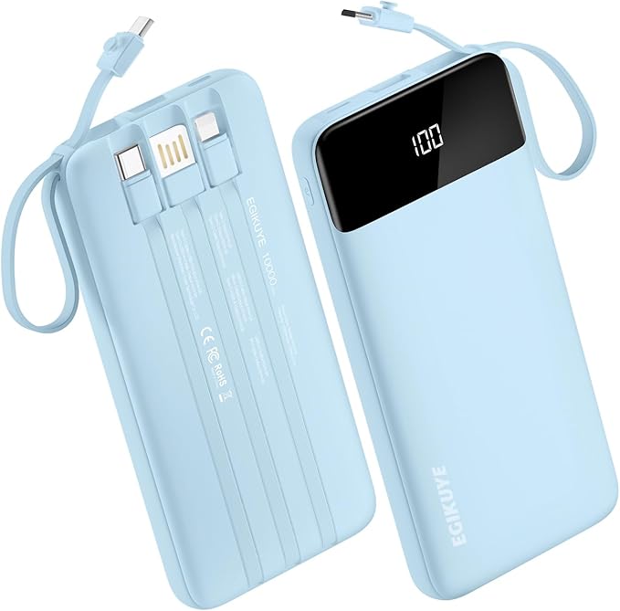 Power Bank 10000mAh Portable Charger with 4 Built-in Cables, Type-C in & Out Phone Charger, External Battery Charger Pack & Travel Essential for iPhone 16/15/14, Samsung, iPad, Android