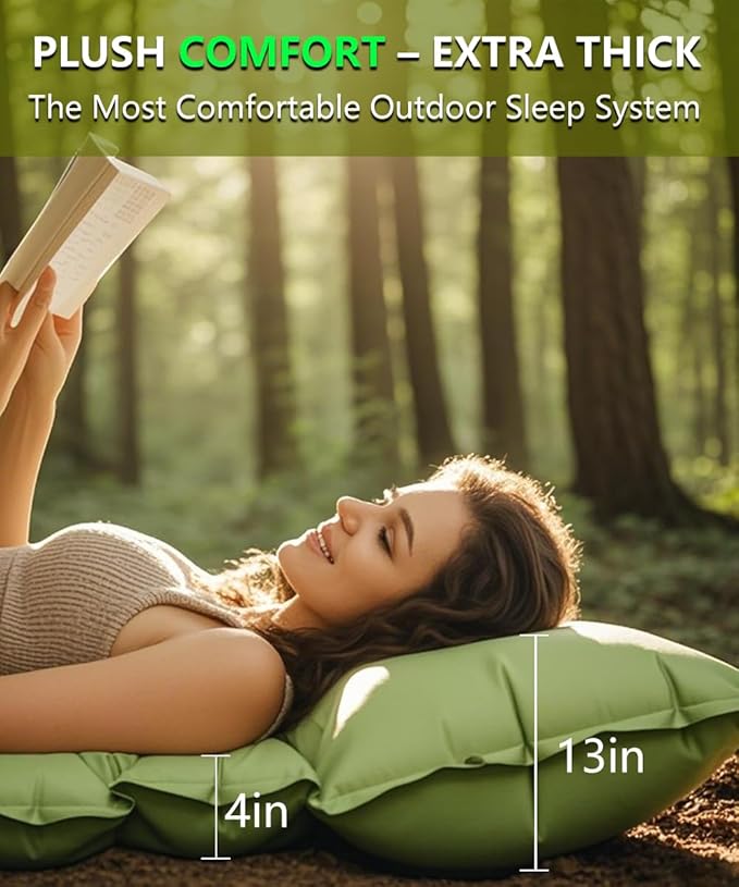 YOUXIU Camping Sleeping Pad, Extra Thickness 3'' Ultralight Inflatable Sleeping Mat with Built-in Foot Pump, Durable Compact Waterproof Camping Air Mattress for Tent,Backpacking,Hiking,Tent (Green)