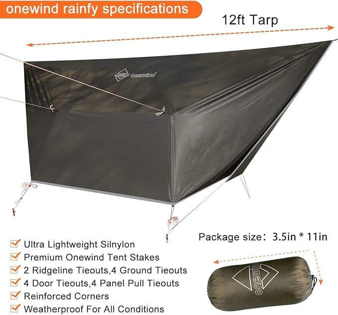onewind Camping Hammock with Rain Fly and Bug Net Portable Lightweight 11ft Double Hammock with 12ft Ultralight Silnylon Tarp and Mosquito Net Ridgeline 12Ft Tree Straps for Camping Hiking Backpacking