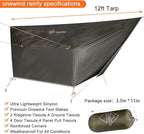 onewind Camping Hammock with Rain Fly and Bug Net Portable Lightweight 11ft Double Hammock with 12ft Ultralight Silnylon Tarp and Mosquito Net Ridgeline 12Ft Tree Straps for Camping Hiking Backpacking
