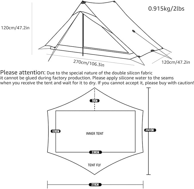 3FULGEAR Lanshan 2 Pro Tent 2 Person Ultralight Camping Tent, 3/4 Season Professional 20D Silnylon Rodless Tent for Camping, Climbing, Hiking