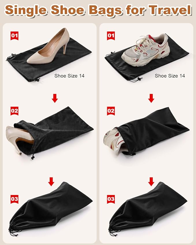 6 Pcs Single Shoe Bags for Travel, 17.3"x8.6" Washable Travel Shoe Bags for Packing in Suitcase, Velvet Dust Bag with Drawstring, Shoe Pouch for Women and Men, Travel and Home Storage(Black Beauty)