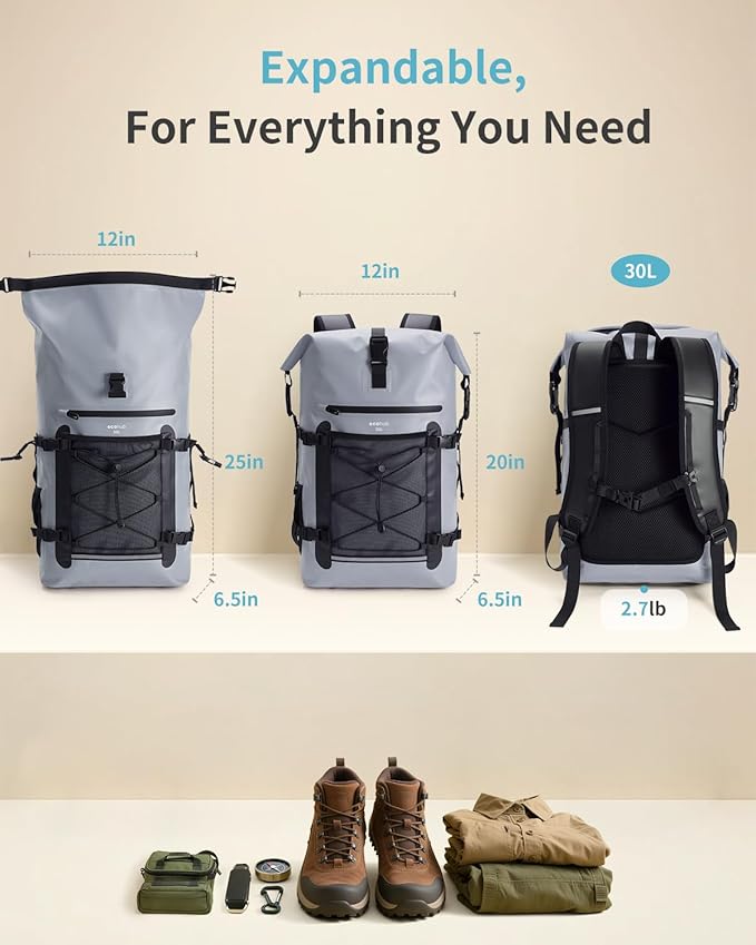 ECOHUB Waterproof Backpack for Women Men, 30L Roll-Top Closure Heavy Duty Dry Bag for Travel with IPX8 Waterproof Phone Case