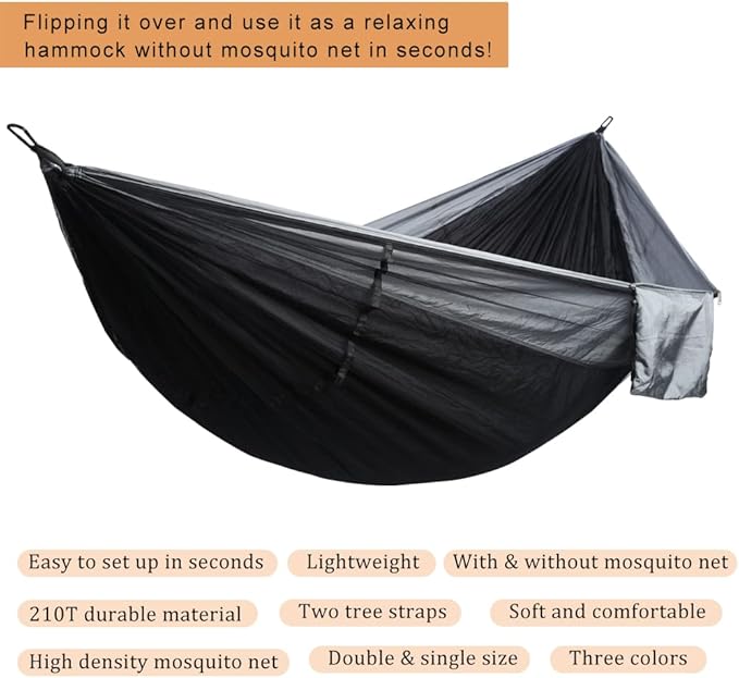 Camping Hammock with Mosquito Net, Double & Single Lightweight Portable Hammocks with Tree Straps, Parachute Hammock for Camping, Backpacking