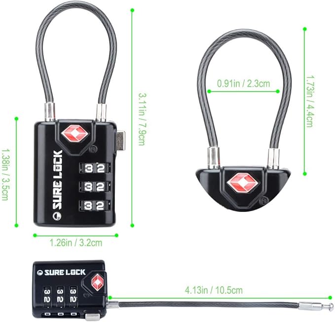 SURE LOCK TSA Approved Combination Luggage Locks with Open Alert Indicator – Durable Zinc Alloy Cable Travel Locks with Large Easy-Read Dials for Suitcases, Backpacks & Gym Bags(Black 6 Pack