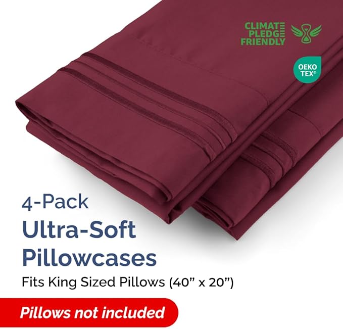 Pillowcases - Ultra Soft Hotel Quality Pillowcase Covers - Comfy, Cozy & Wrinkle Free - Shrinkage and Fade Resistant - Machine Washable Pillow Protectors - (King, Burgundy, 4 Piece Set)