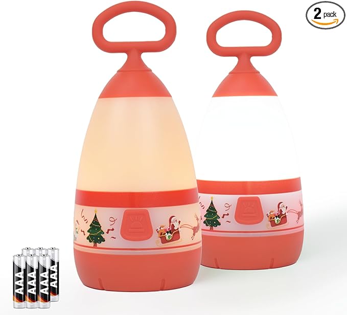 Kids Camping Lantern & Night Light Battery Powered, 360° Eye-Safe Light (AAA Included), IPX4 with RGB Modes Portable for Outdoor, Emergency , Gift for Children (Christmas 2 Pack)