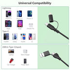 Coiled Carplay 4-in-1 USBA/Type C to USB-C/Lightning Cable Multi Combo for Apple Carplay& Android Auto,60W Fast Charge&Data Sync Car Charger Cord for iPhone 15/14/13/12,Samsung,Android-Black