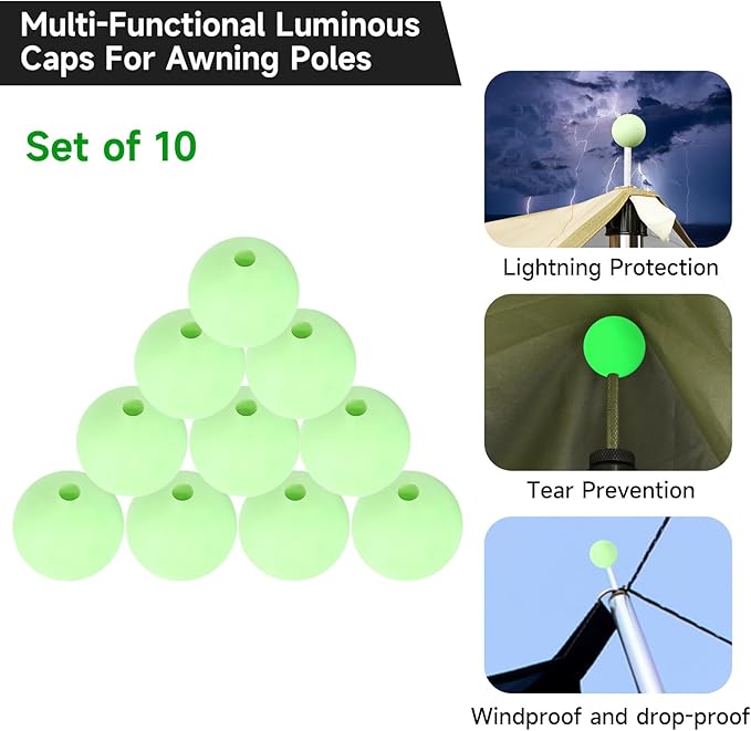 SANLIKE Tarp Pole Tip Cover 10PCS Luminous Tip Cap Ball for Camping Tent Poles, TPR Insulation Material, Lightning Protection & Night Light