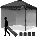 KAMPKEEPER 10x10 Pop Up Canopy Tent with 2 Sidewalls, Beach Tent - Easy Outdoor Sun Shade for Events, Parties, Camping - Gazebo with 4 Weight Bags & Carry Bag. (Black)