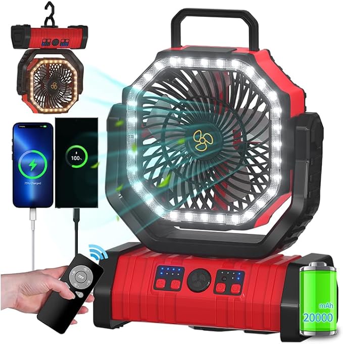 ADUST Camping Portable Battery Operated Powered Fan with LED Lantern Light 20000mAh Rechargeable, Oscillating Fan with 360° Rotation Hanging Hook for Tents, Cordless USB Desk Fan(Red)