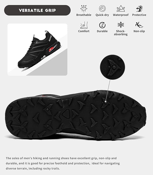 Mens Trail Running Shoes Waterproof Non-Slip Hiking Walking Sneakers for Outdoor Trailing Trekking Camping Quest Black