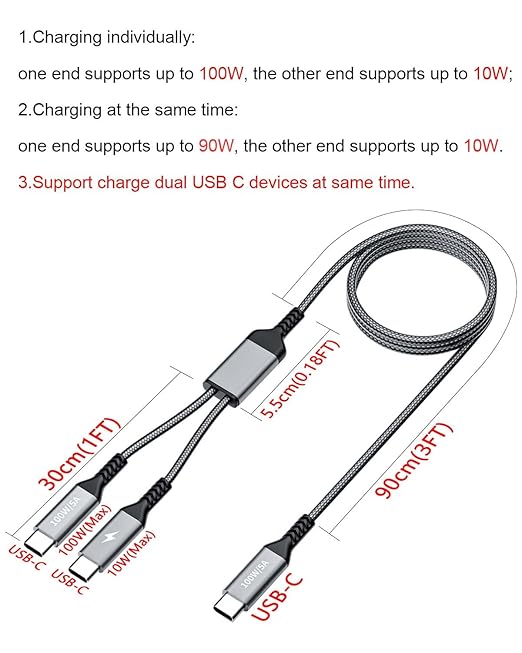 4FT 2 in 1 100W USB C to Dual Type c Fast Charging Cable,iPhone 15 USB C to Double Type c Cable for MacBook Pro/Air,iPad Pro/Air,iPhone 15 Plus/15 Pro Max,Samsung Galaxy S24/S23/S22/S21,Moto,Switch
