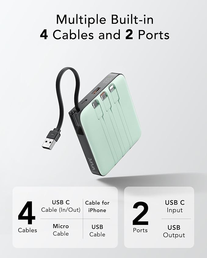 VRURC Portable Power Bank Built-in Cables, 20000mAh 22.5W Fast Charging USB C Battery Pack, Phone Charger Battery, for iPhone 16 15 14 13 12 11 Samsung Galaxy S23 S22, Green(1 Pack)