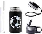 12 oz Soccer Water Bottle, Sports Flask Metal Thermo Travel Tumbler with 2 Lids, BPA Free 18/8 Stainless Steel Leak Proof Double Wall Vacuum Insulated Water Bottles, Soccer Gifts for Boys Girls Player